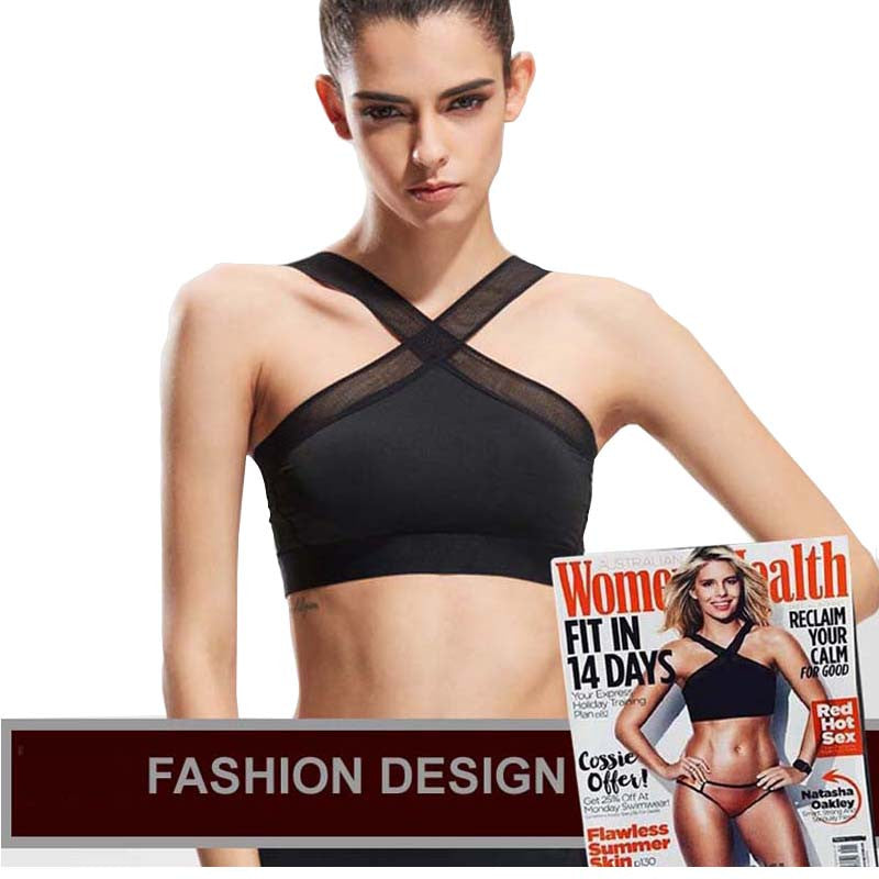New Women Sexy Sports Bras Quick Dry Gym Criss Cross Mesh Patchwork  Top Training Running  Fitness Yoga Bra Black white   G-085