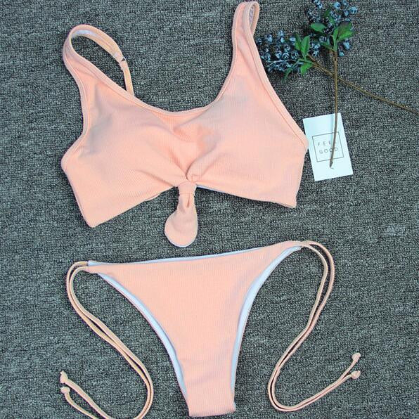 2017 bikini Women Swimsuit New Pure Color Bikini Set Padding Vest Bikini Low Wait Bandage Swimwear NK78