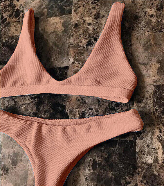 2017 bikini Women Swimsuit New Pure Color Bikini Set Padding Vest Bikini Low Wait Bandage Swimwear NK78